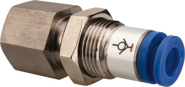 SMC PNEUMATICS - 6mm OD, R(PT) 1/4 Thread, Brass/Polybutylene Push-to-Connect Female Bulkhead - Eagle Tool & Supply