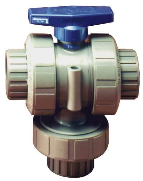 Plast-O-Matic - 3/4" Pipe, PVC True Union Design Ball Valve - Three Way, FNPT x FNPT x FNPT Ends, Tee Handle, 175 WOG - Eagle Tool & Supply