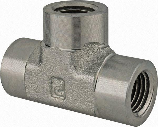 Parker - 1/2 Female Thread, Zinc Plated Steel Industrial Pipe Female Tee - FNPTF, 3,000 psi - Eagle Tool & Supply