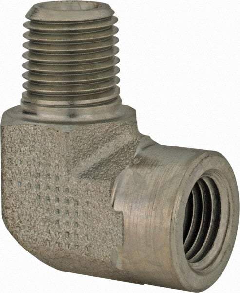 Parker - 1/8 Male Thread x 1/8 Female Thread, Zinc Plated Steel Industrial Pipe 90° Street Elbow - MNPTF x FNPTF, 5,000 psi - Eagle Tool & Supply