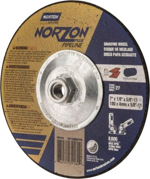 Norton - 30 Grit, 7" Wheel Diam, 1/8" Wheel Thickness, Type 27 Depressed Center Wheel - Ceramic, 8,600 Max RPM, Compatible with Angle Grinder - Eagle Tool & Supply