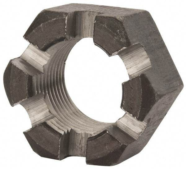 Value Collection - 1-1/8 - 12 UNF Grade 2 Steel Slotted Locknut - 1-11/16" Width Across Flats, 31/32" High, Uncoated - Eagle Tool & Supply