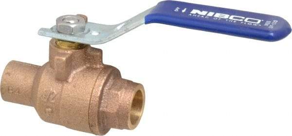 NIBCO - 1/2" Pipe, Full Port, Bronze Standard Ball Valve - 2 Piece, Inline - One Way Flow, Soldered x Soldered Ends, Lever Handle, 600 WOG, 150 WSP - Eagle Tool & Supply
