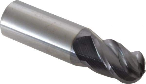Accupro - 11/16" Diam, 1" LOC, 4 Flute Solid Carbide Ball End Mill - AlTiN Finish, Single End, 3" OAL, 3/4" Shank Diam, Spiral Flute - Eagle Tool & Supply