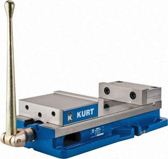 Kurt - 8" Jaw Width, 10" Jaw Opening Capacity, Horizontal Stationary Machine Vise - Manual Operation, 11,596 Lb Capacity, 1 Station, 24.185" Long x 5.51" High x 2-13/64" Deep, 2.2" Jaw Height, 80,000 psi Max Clamp Force, Ductile Iron - Eagle Tool & Supply