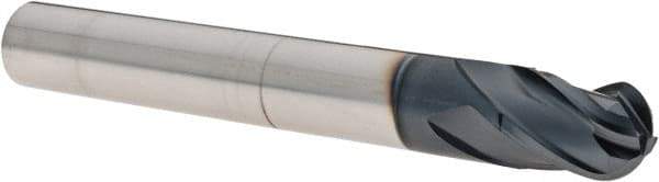Iscar - 3/8" Diam, 7/16" LOC, 4 Flute Solid Carbide Ball End Mill - TiAlN Finish, Single End, 3" OAL, 3/8" Shank Diam, Spiral Flute - Eagle Tool & Supply