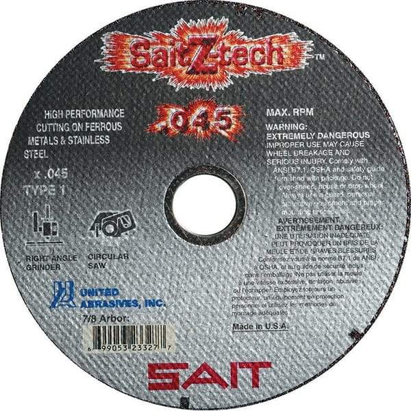 Sait - 7" Zirconia Alumina Cutoff Wheel - 0.045" Thick, 5/8" Arbor, 8,500 Max RPM, Use with Angle Grinders - Eagle Tool & Supply