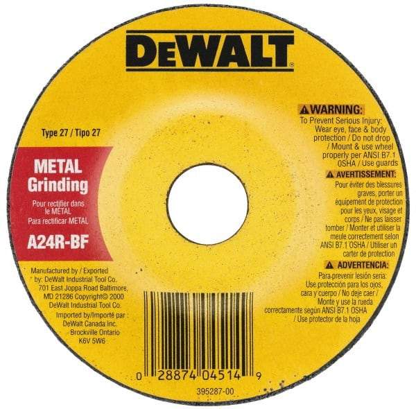 DeWALT - 24 Grit, 7" Wheel Diam, 1/8" Wheel Thickness, Type 27 Depressed Center Wheel - Zirconia Alumina, R Hardness, 8,700 Max RPM, Compatible with Angle Grinder - Eagle Tool & Supply