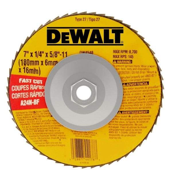DeWALT - 24 Grit, 7" Wheel Diam, 1/4" Wheel Thickness, Type 27 Depressed Center Wheel - Aluminum Oxide, R Hardness, 8,700 Max RPM, Compatible with Angle Grinder - Eagle Tool & Supply