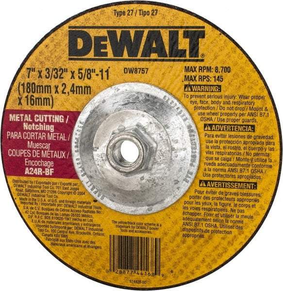 DeWALT - 24 Grit, 7" Wheel Diam, 3/32" Wheel Thickness, Type 27 Depressed Center Wheel - Aluminum Oxide, R Hardness, 8,700 Max RPM, Compatible with Angle Grinder - Eagle Tool & Supply
