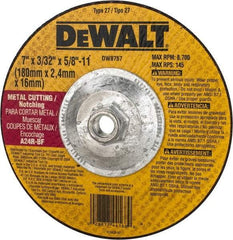 DeWALT - 24 Grit, 7" Wheel Diam, 3/32" Wheel Thickness, Type 27 Depressed Center Wheel - Aluminum Oxide, R Hardness, 8,700 Max RPM, Compatible with Angle Grinder - Eagle Tool & Supply