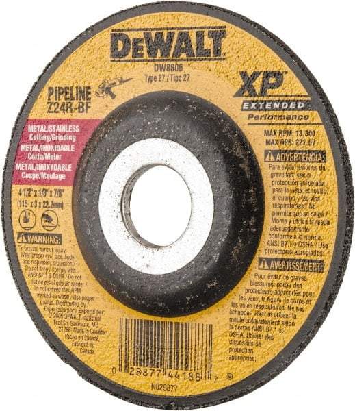 DeWALT - 24 Grit, 4-1/2" Wheel Diam, 1/8" Wheel Thickness, 7/8" Arbor Hole, Type 27 Depressed Center Wheel - Zirconia Alumina, R Hardness, 13,300 Max RPM, Compatible with Angle Grinder - Eagle Tool & Supply