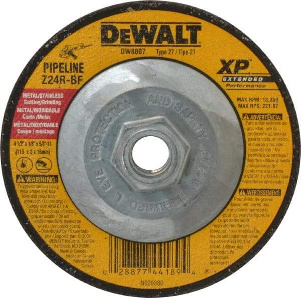 DeWALT - 24 Grit, 4-1/2" Wheel Diam, 1/8" Wheel Thickness, Type 27 Depressed Center Wheel - Zirconia Alumina, R Hardness, 13,300 Max RPM, Compatible with Angle Grinder - Eagle Tool & Supply