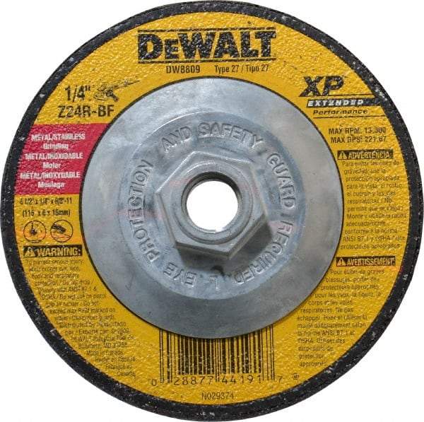 DeWALT - 24 Grit, 4-1/2" Wheel Diam, 1/4" Wheel Thickness, Type 27 Depressed Center Wheel - Zirconia Alumina, R Hardness, 13,300 Max RPM, Compatible with Angle Grinder - Eagle Tool & Supply
