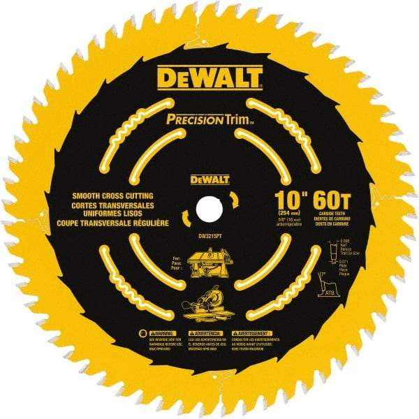 DeWALT - 10" Diam, 5/8" Arbor Hole Diam, 60 Tooth Wet & Dry Cut Saw Blade - Carbide-Tipped, Crosscut & Smooth Action, Standard Round Arbor - Eagle Tool & Supply