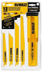 DeWALT - 12 Piece, 6" to 9" Long x 0.035" to 0.062" Thick, Bi-Metal Reciprocating Saw Blade Set - Straight and Tapered Profile, 6 to 24 Teeth per Inch, Angled Tip - Eagle Tool & Supply