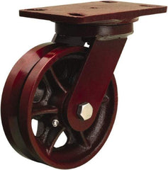 Hamilton - 6" Diam x 2" Wide, Iron Swivel Caster - 1,000 Lb Capacity, Top Plate Mount, 4-1/2" x 6-1/2" Plate, Straight Roller Bearing - Eagle Tool & Supply
