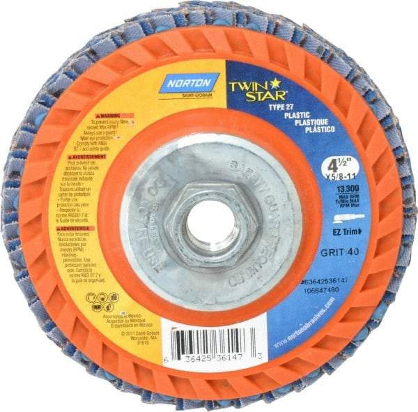 Norton - 40 Grit, 4-1/2" Disc Diam, 5/8-11 Center Hole, Type 27 Ceramic Flap Disc - 13,000 Max RPM, Plastic Backing, Arbor Attaching System, Coated - Eagle Tool & Supply