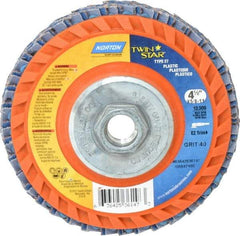 Norton - 40 Grit, 4-1/2" Disc Diam, 5/8-11 Center Hole, Type 27 Ceramic Flap Disc - 13,000 Max RPM, Plastic Backing, Arbor Attaching System, Coated - Eagle Tool & Supply