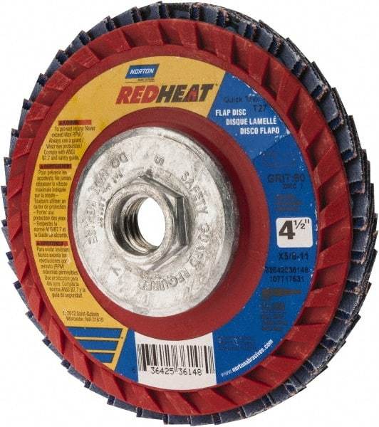 Norton - 60 Grit, 4-1/2" Disc Diam, 5/8-11 Center Hole, Type 27 Ceramic Flap Disc - 13,000 Max RPM, Plastic Backing, Arbor Attaching System, Coated - Eagle Tool & Supply