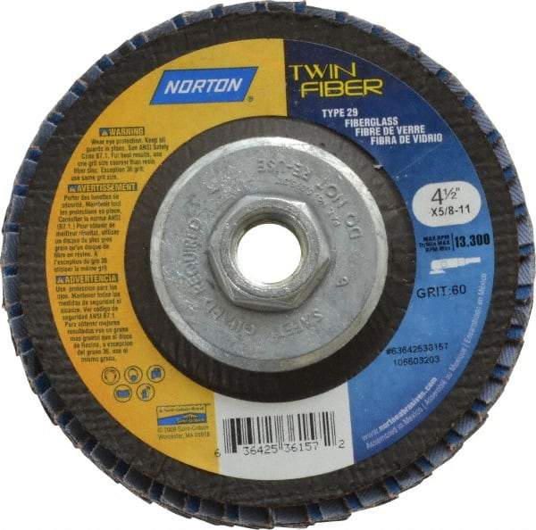 Norton - 60 Grit, 4-1/2" Disc Diam, 5/8-11 Center Hole, Type 29 Ceramic Flap Disc - 13,000 Max RPM, Fiberglass Backing, Arbor Attaching System, Coated - Eagle Tool & Supply