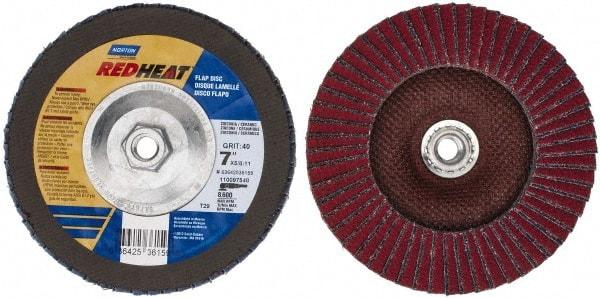 Norton - 40 Grit, 7" Disc Diam, 5/8-11 Center Hole, Type 29 Ceramic Flap Disc - 8,600 Max RPM, Fiberglass Backing, Arbor Attaching System, Coated - Eagle Tool & Supply