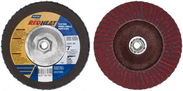 Norton - 60 Grit, 7" Disc Diam, 5/8-11 Center Hole, Type 29 Ceramic Flap Disc - 8,600 Max RPM, Fiberglass Backing, Arbor Attaching System, Coated - Eagle Tool & Supply