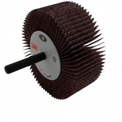 3M - 2" Diam x 1" Face Width, Medium Aluminum Oxide Coated Mounted Flap Wheel - 1/4" Shank Mount, 60 Grit, XE Weighted Cloth Backing, 25,000 Max RPM - Eagle Tool & Supply