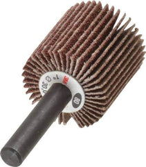 3M - 1" Diam x 1" Face Width, Medium Aluminum Oxide Coated Mounted Flap Wheel - 1/4" Shank Mount, 80 Grit, XE Weighted Cloth Backing, 30,000 Max RPM - Eagle Tool & Supply