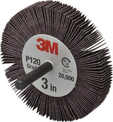 3M - 3" Diam x 1/2" Face Width, Fine Aluminum Oxide Coated Mounted Flap Wheel - 1/4" Shank Mount, 120 Grit, XE Weighted Cloth Backing, 18,000 Max RPM - Eagle Tool & Supply