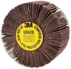 3M - 2" Diam x 1" Face Width, Extra Fine Aluminum Oxide Coated Mounted Flap Wheel - 1/4" Shank Mount, 320 Grit, XE Weighted Cloth Backing, 20,000 Max RPM - Eagle Tool & Supply