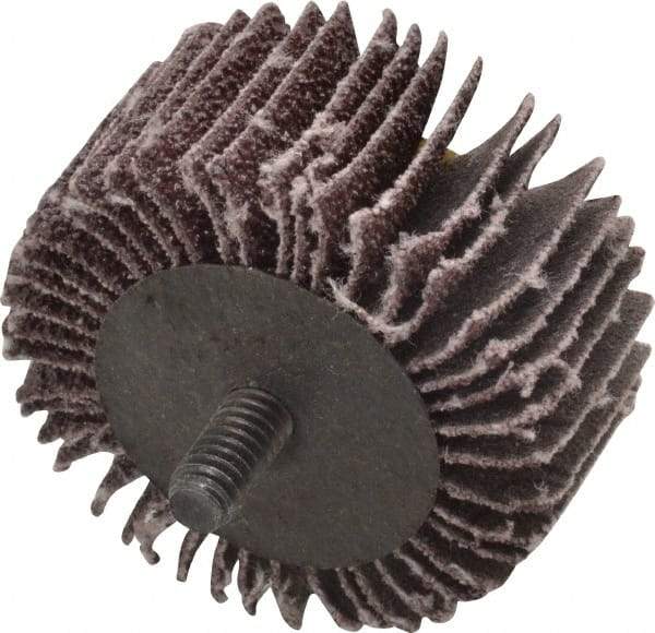 3M - 2" Diam x 1" Face Width, Coarse Aluminum Oxide Coated Mounted Flap Wheel - 1/4-20 Threaded Mount, 40 Grit, X Weighted Cloth Backing, 20,000 Max RPM - Eagle Tool & Supply