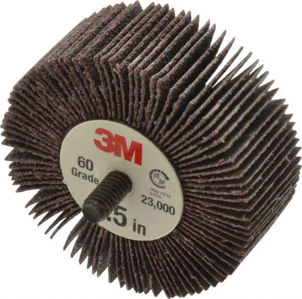 3M - 2-1/2" Diam x 1" Face Width, Medium Aluminum Oxide Coated Mounted Flap Wheel - 1/4-20 Threaded Mount, 60 Grit, XE Weighted Backing, 18,000 Max RPM - Eagle Tool & Supply