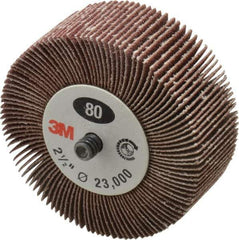 3M - 2-1/2" Diam x 1" Face Width, Medium Aluminum Oxide Coated Mounted Flap Wheel - 1/4-20 Threaded Mount, 80 Grit, XE Weighted Cloth Backing, 20,000 Max RPM - Eagle Tool & Supply
