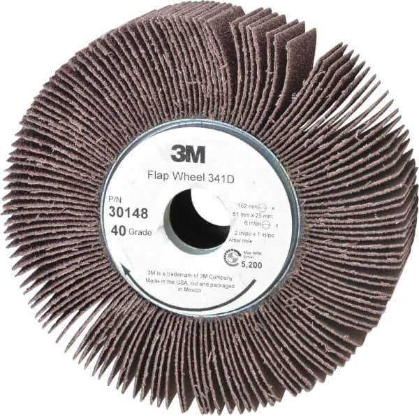 3M - 6" Diam, 40 Grit Aluminum Oxide Unmounted Flap Wheel - 1" Hole, 2" Wide, Coated, Coarse Grade, 5,200 Max RPM , X Weighted, Cloth Backing - Eagle Tool & Supply