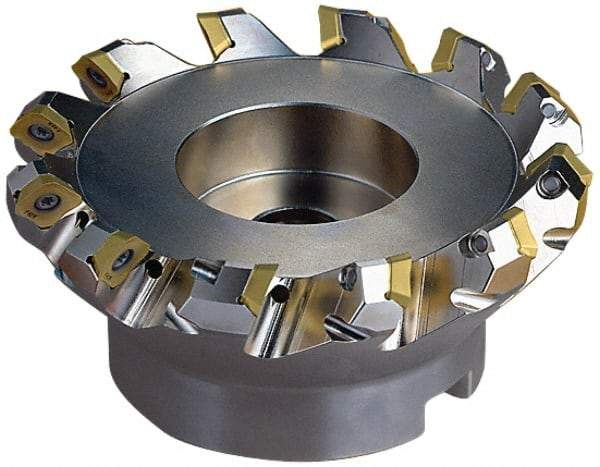 Seco - 5.47" Cut Diam, 1-1/2" Arbor Hole, 0.236" Max Depth of Cut, 45° Indexable Chamfer & Angle Face Mill - 6 Inserts, SE.X 43 Insert, Right Hand Cut, 6 Flutes, Through Coolant, Series R220.53 - Eagle Tool & Supply
