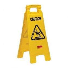 Rubbermaid - Caution, 11" Wide x 25" High, Plastic Floor Sign - English/French/Spanish, A-Frame, Black on Yellow, For Restroom, Janitorial & Housekeeping - Eagle Tool & Supply