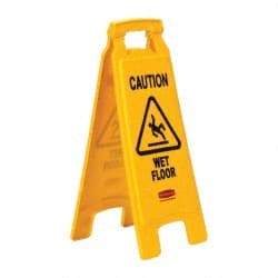 Rubbermaid - Caution - Wet Floor, 11" Wide x 25" High, Plastic Floor Sign - A-Frame, Black on Yellow, For Accident Prevention - Eagle Tool & Supply