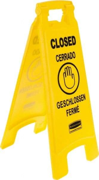 Rubbermaid - Closed, 11" Wide x 25" High, Plastic Floor Sign - English/French/German/Spanish, A-Frame, Black on Yellow, For Restroom, Janitorial & Housekeeping - Eagle Tool & Supply