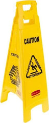 Rubbermaid - Caution, 12" Wide x 37" High, Plastic Floor Sign - English/French/Spanish, A-Frame, Black on Yellow, For Restroom, Janitorial & Housekeeping - Eagle Tool & Supply