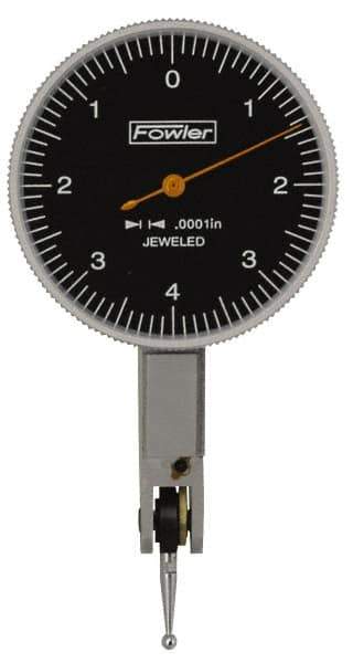 Fowler - 0.008 Inch Range, 0.0001 Inch Dial Graduation, Horizontal Dial Test Indicator - 1-1/2 Inch Black Dial, 0-4-0 Dial Reading - Eagle Tool & Supply