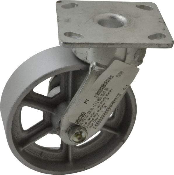 Albion - 6" Diam x 2" Wide x 7-1/2" OAH Top Plate Mount Swivel Caster - Cast Iron, 1,200 Lb Capacity, Roller Bearing, 4 x 4-1/2" Plate - Eagle Tool & Supply