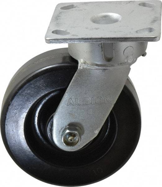 Albion - 6" Diam x 2" Wide x 7-1/2" OAH Top Plate Mount Swivel Caster - Phenolic, 1,200 Lb Capacity, Roller Bearing, 4 x 4-1/2" Plate - Eagle Tool & Supply