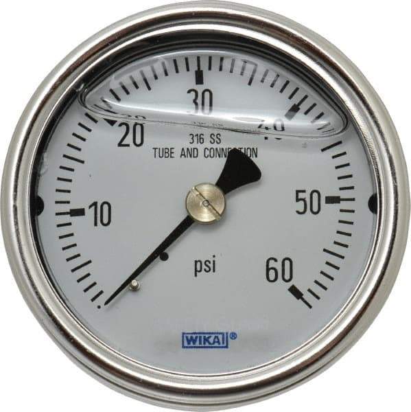 Wika - 2-1/2" Dial, 1/4 Thread, 0-60 Scale Range, Pressure Gauge - Center Back Connection Mount, Accurate to 2-1-2% of Scale - Eagle Tool & Supply