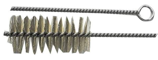 Schaefer Brush - 3" Long x 1-1/4" Diam Brass Long Handle Wire Tube Brush - Single Spiral, 27" OAL, 0.008" Wire Diam, 3/8" Shank Diam - Eagle Tool & Supply