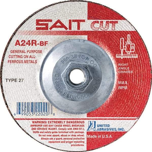 Sait - 24 Grit, 4-1/2" Wheel Diam, 3/32" Wheel Thickness, Type 27 Depressed Center Wheel - Aluminum Oxide, Resinoid Bond, R Hardness, 13,300 Max RPM, Compatible with Angle Grinder - Eagle Tool & Supply