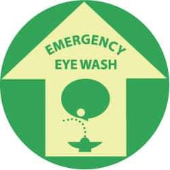 NMC - Emergency Eye Wash, Anti-Skid Polyester Floor Sign - Round, Green on Yellow (Glow), Adhesive Backed, For First Aid - Eagle Tool & Supply