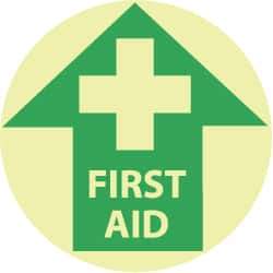 NMC - First Aid, Anti-Skid Polyester Floor Sign - Round, Green on Yellow (Glow), Adhesive Backed, For First Aid - Eagle Tool & Supply