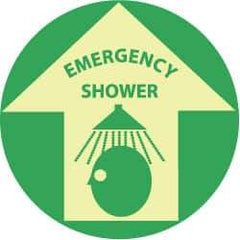 NMC - Emergency Shower, Anti-Skid Polyester Floor Sign - Round, Green on Yellow (Glow), Adhesive Backed, For First Aid - Eagle Tool & Supply