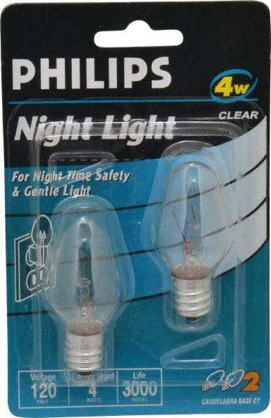 Philips - 4 Watt Incandescent Residential/Office Candelabra Screw Lamp - 2,700°K Color Temp, 16 Lumens, 120 Volts, Dimmable, C7, 3,000 hr Avg Life - Eagle Tool & Supply